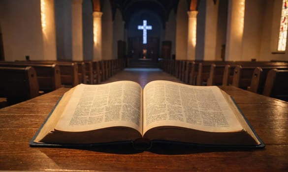 An open Bible lies on a wooden pew in a church, with rows of empty pews visible in the background. A cross hangs on the wall at the far end of the church.