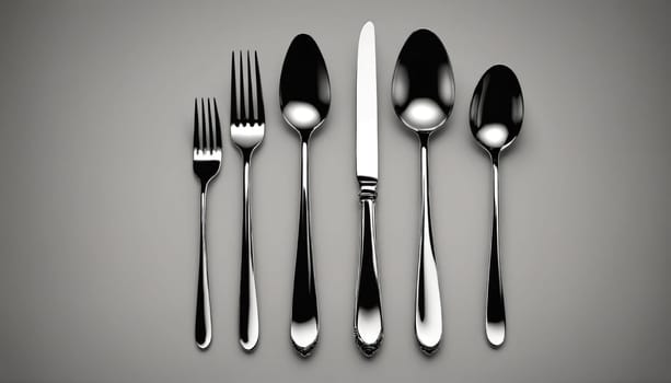 A knife, two forks, and two spoons are arranged in a straight line on a gray background.