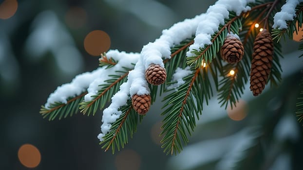 The snow-laden pine branch, decorated with glowing garlands and small pinecones, captures the magic of winter. The contrast between the sparkling lights and snowy needles creates a serene festive moment