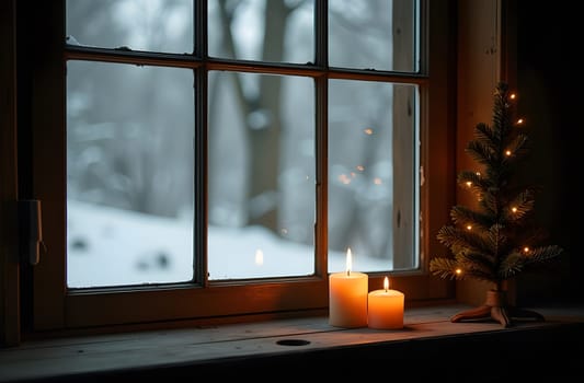 On an old wooden windowsill, two candles flicker, their light illuminating a snowy forest outside. In the corner, a festive Christmas tree is adorned with ornaments, adding to the cozy winter atmosphere