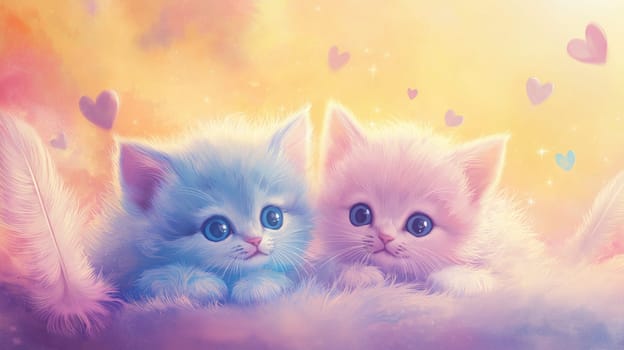 Charming pastel illustration featuring twin kittens, one pale blue and the other pink, nestled amidst a dreamy background. soft, ethereal hues create a whimsical and heartwarming scene, ideal for artistic decor.
