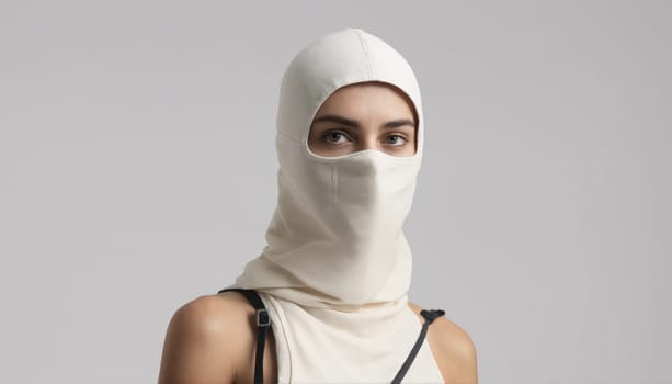 A woman is wearing a white balaclava that covers her head and face. She is looking directly at the camera with her eyes visible. She is wearing a white tank top. The background is a plain white wall.