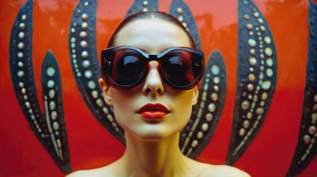 A woman with dark hair is wearing black sunglasses and red lipstick.