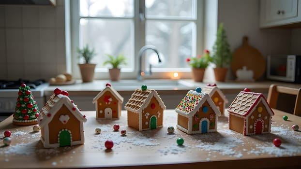 A delightful kitchen table showcases a variety of gingerbread houses, each uniquely decorated with colorful frosting and candy treats. In the background, falling snow can be seen through the window, adding to the festive cheer