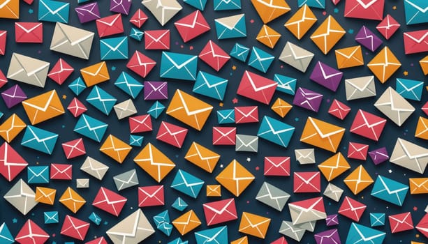 A colorful pattern of envelopes in a variety of colors, including red, orange, blue, purple, and gray, on a dark blue background.