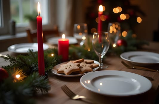 A cozy festive table is beautifully adorned with evergreen branches and glowing red candles. At the center, a platter of Christmas cookies and pies invites guests to indulge in delightful holiday treats