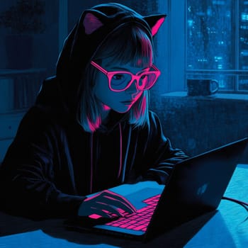 Teenage girl sitting at laptop in pink glasses and headphones on blue background. High quality photo
