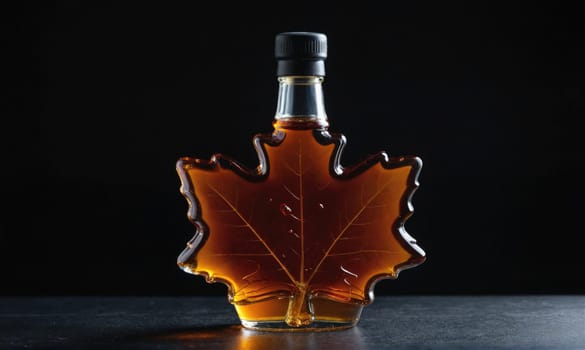A glass bottle filled with maple syrup is shaped like a maple leaf. It sits on a black surface.
