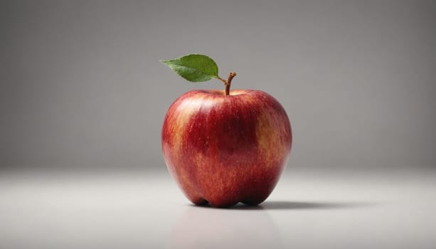 A single red apple with a green leaf sits on a white surface. The background is gray.