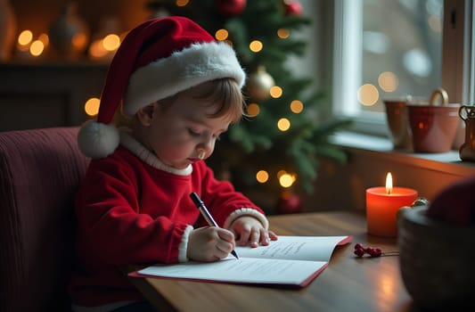 In this close-up image, a young child is intently penning a letter to Santa Claus, sharing their Christmas wishes. The scene is filled with warmth and innocence, embodying the spirit of the holidays