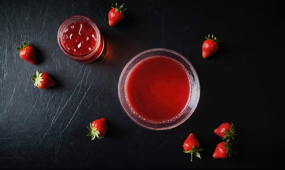 A clear glass bowl filled with bright red strawberry juice rests on a black surface. Several fresh strawberries are scattered around the bowl.