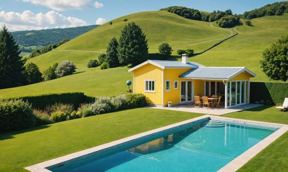 A yellow house with a white roof and a swimming pool sits on a grassy hillside. The house has large windows and a patio with a table and chairs.