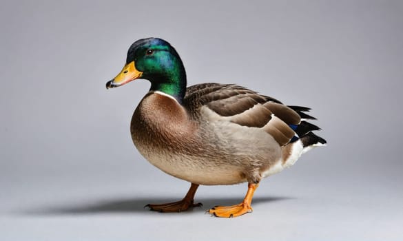 A mallard duck with brown and gray feathers and a green head is standing on a gray background. Its orange beak is slightly open and its orange legs are visible.