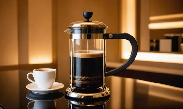 A French press filled with dark coffee sits on a black, reflective table. A white cup and saucer sit beside it. The background features warm, light-colored walls.