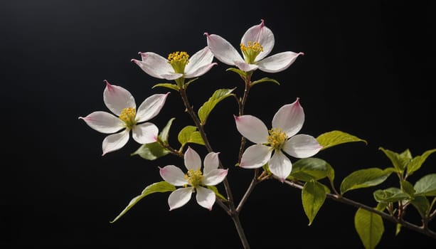 A branch with five white dogwood flowers, each with a yellow center, blooms against a dark background. The branch has green leaves.