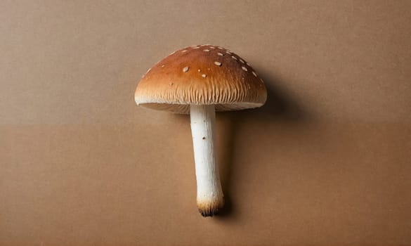 A single mushroom with a brown cap and white spots is shown on a tan surface. The stem is white and the mushroom is facing the camera.