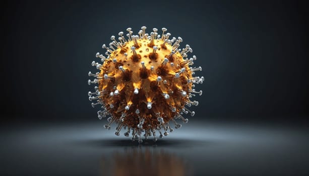 A detailed, digital representation of a virus with numerous spikes, depicted on a dark, gray surface.