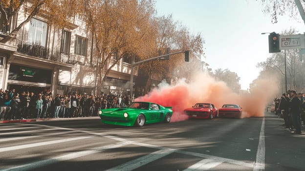 Powerful sports cars race through city streets at sunset, leaving a trail of smoke, thrilling spectators with high speed action