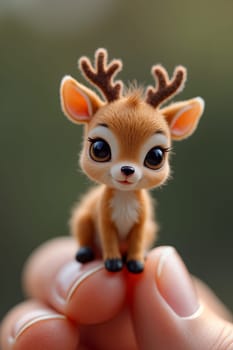 A small, adorable reindeer figurine with big eyes is cradled in a person's hand, surrounded by a soft, blurred natural backdrop in daylight - Generative AI