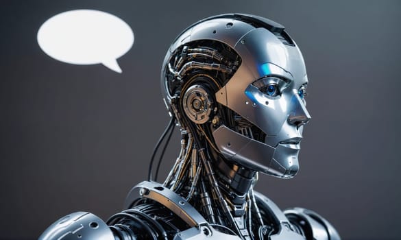 A close-up image of a metallic robot's head and shoulders, showing a blank expression and a speech bubble hovering above its head.