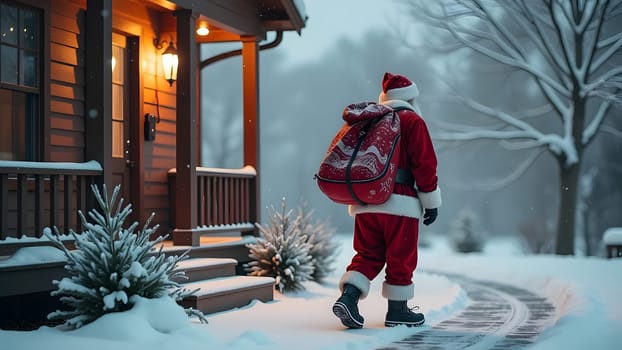 Dressed in his classic red outfit with fluffy white accents, Santa strides across the snowy porch of a charming home. Behind him, a huge sack full of presents sways as snowflakes delicately land on his shoulders