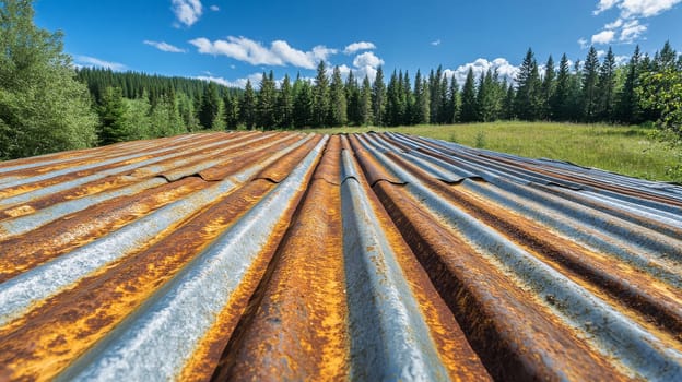 A weathered corrugated metal roof showcases its rusty textures amidst a peaceful rural setting. nestled in lush greenery, the scene highlights the juxtaposition of natural and man-made elements under a clear blue sky.