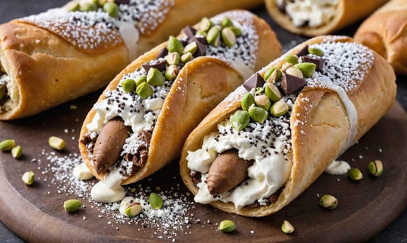 A close-up of cannoli filled with chocolate cream and topped with pistachios and powdered sugar. They are arranged on a wooden surface.