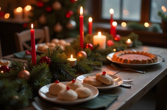 The warm and inviting festive table is adorned with lush evergreen branches and glowing red candles, creating a charming ambiance. In the middle, a variety of Christmas cookies and pies enhances the holiday spirit