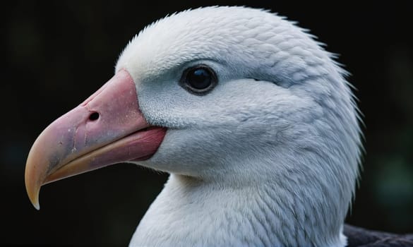A Northern Giant Petrel, with its white plumage and pink beak, looks off to the side with a serious expression. The background is out of focus and dark.
