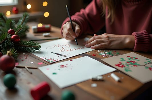 A large wooden table is adorned with postcards, glue, glitter, and paints as a young girl engages in a creative activity, making her own handmade greeting cards. The scene reflects a joyful atmosphere of artistic expression