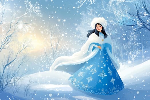 Portrait of a very beautiful woman in a winter forest, a fairy or mistress of the forest walks around her domain.