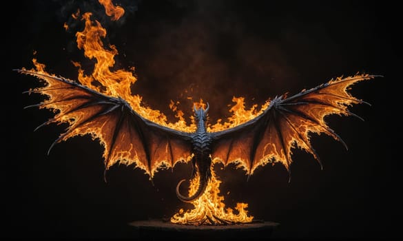 A dragon with large wings stands with its wings outstretched in a fiery blaze against a dark background.
