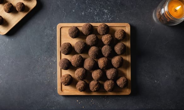 A wooden tray filled with round, dark chocolate truffles sits on a dark countertop.