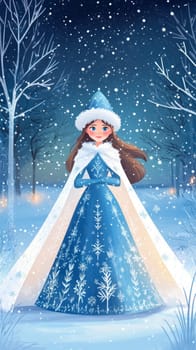 Portrait of a very beautiful woman in a winter forest, a fairy or mistress of the forest walks around her domain.