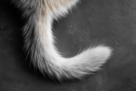 Ginger cat on a gray background, top view. Cat's tail. High quality photo
