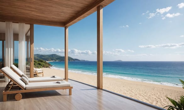 A patio with two lounge chairs on a wooden floor, overlooking a sandy beach with ocean waves and blue sky.