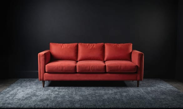 A red sofa with three cushions is positioned in the center of the image. The sofa is sitting on a gray rug with a dark background wall. The sofa has wooden legs and a simple, modern design.