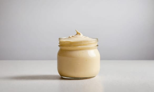A glass jar filled with thick, creamy, light-colored sauce is positioned on a white surface. The sauce has a swirled top.