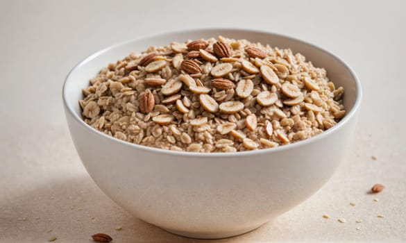 Oatmeal with sliced almonds in a white bowl on a light surface.