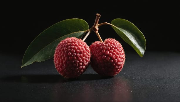 Two lychees are positioned side by side on a black surface. Green leaves with a branch are attached to the fruit. The fruit is red and covered in bumps.