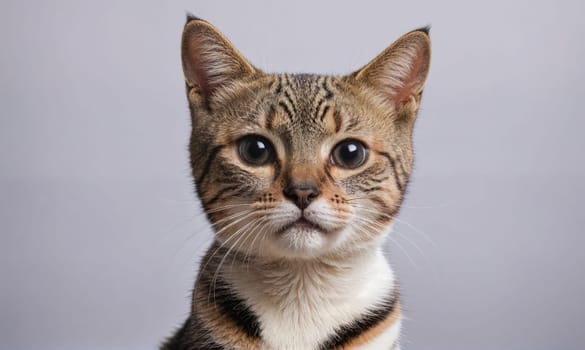 A tabby cat with white markings on its chest looks directly at the viewer with a serious expression.