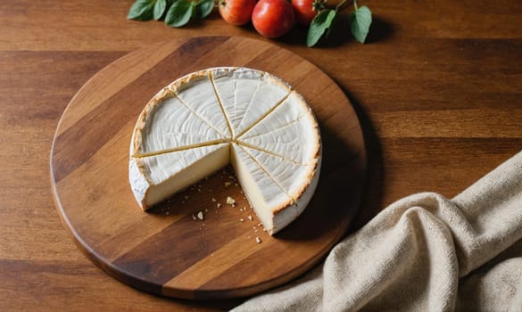 A cheesecake, sliced into eight pieces, rests on a circular wooden board with a brown wooden background. One slice is missing, and the remaining slices are slightly separated.