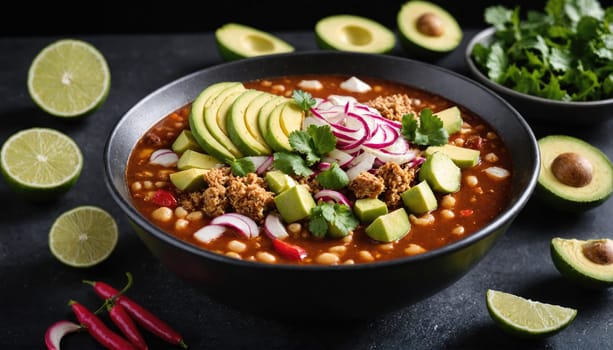 A black bowl of chili is topped with avocado slices, red radish slices, and cilantro. The chili is surrounded by lime wedges and chili peppers.