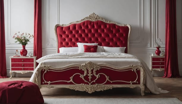 A white and red bedroom with a large bed featuring an ornate red velvet headboard. The bed has a white sheet and two white pillows. A smaller red pillow rests on top of the pillows.