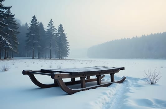 A pair of sturdy wooden sleds stand on a snowy meadow, inviting winter adventures. The backdrop features a forest, its trees blanketed in snow, while the soft light enhances the peaceful atmosphere of the scene