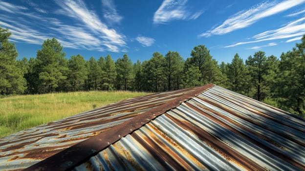Rustic corrugated metal roof stands weathered against a vibrant backdrop of lush green forest and expansive blue sky. the image highlights the interplay of natural textures and man-made structures, ideal for nature and architectural themes.