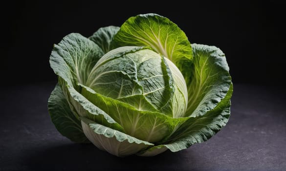 A whole, green cabbage, with tightly packed leaves, is resting on a dark countertop.