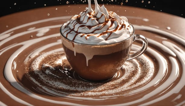 A clear glass mug filled with hot chocolate sits on a brown plate with a swirl of white milk and a sprinkle of cocoa powder around it.