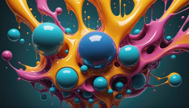 A splash of pink and yellow paint creates a vibrant and abstract background. Several blue spheres are suspended in the center of the splash.