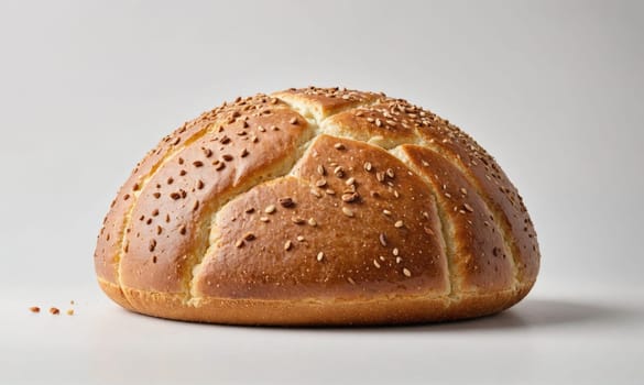 A round loaf of bread, sprinkled with sesame seeds, rests on a white background. The bread has a light brown crust and a slightly domed shape.